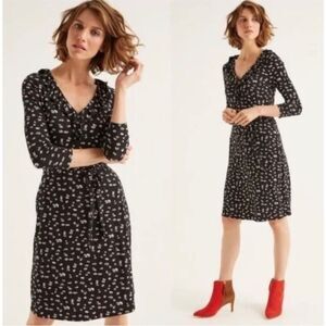 Boden Logan Jersey Knit Knee Length Dress Womens 2 Petite NEW Black Daisy Belted